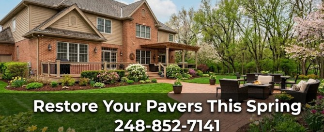 Professionally restored brick paver driveway and patio on a luxury estate home in Orion Township Oakland Township and Washington Township MI