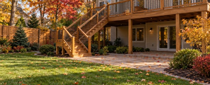 Large elevated wood deck with privacy fence and concrete patio surrounded by fall foliage in Oakland and Macomb County MI