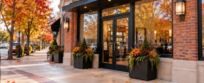 Freshly pressure washed small business brick storefront with fall foliage on a suburban Michigan commercial street